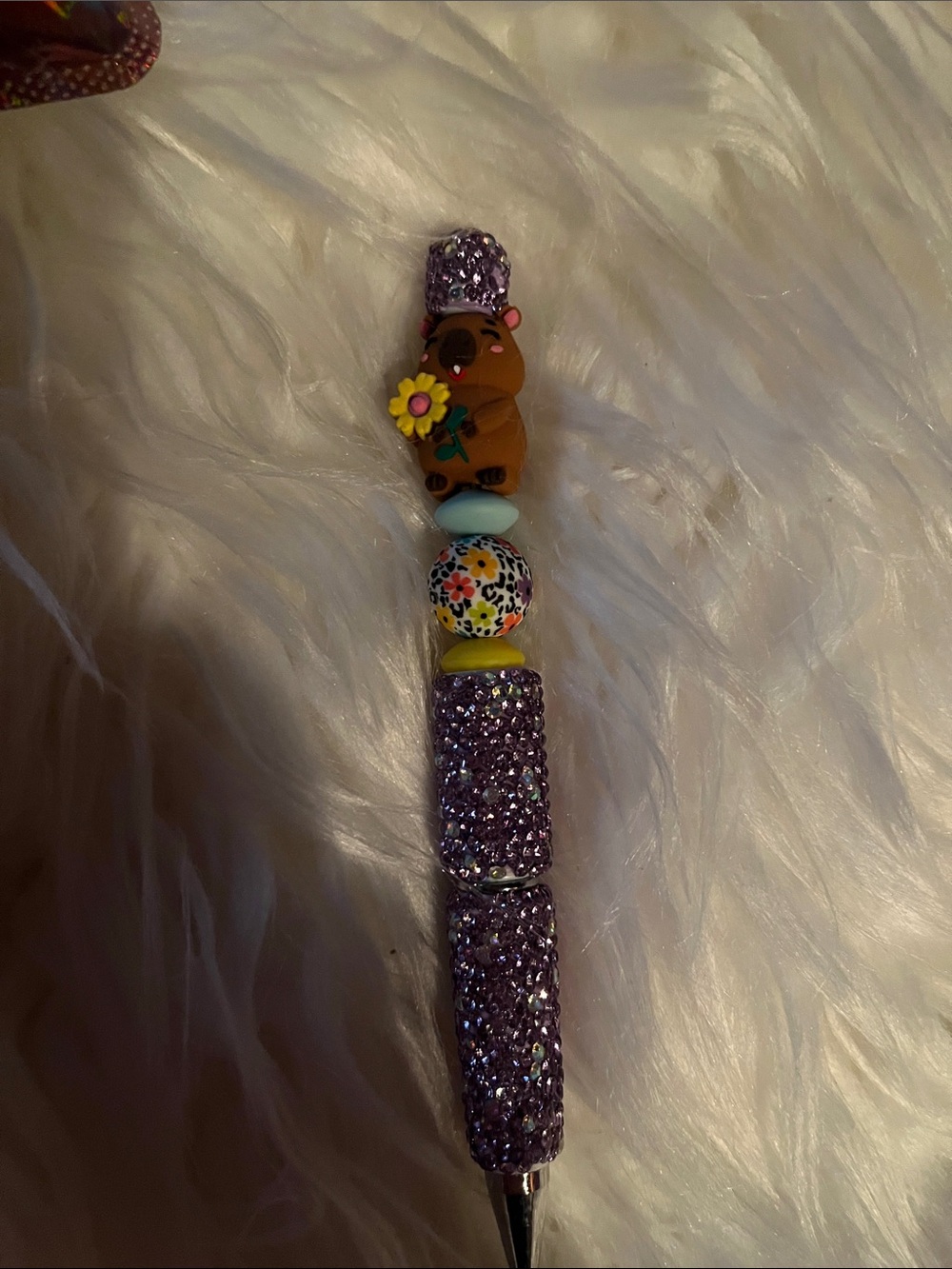 Whimsical Purple Beaded Charm Pen - Cute Bear Design